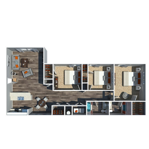 Floor plan for 3 beds, 2 baths, 1210 sqft